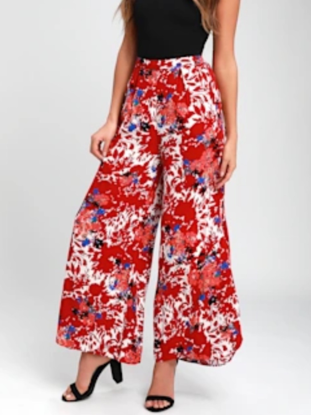 Free People Late Night Red Floral Print Wide-Leg Pants size XS